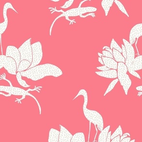 Cranes and Lotus coral pink 