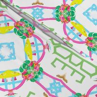 Preppy chinoiserie lattice in pink, green, yellow and turquoise