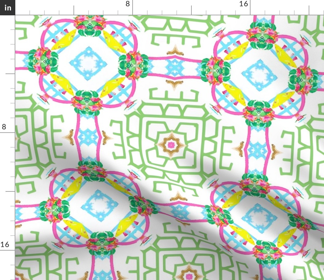 Preppy chinoiserie lattice in pink, green, yellow and turquoise