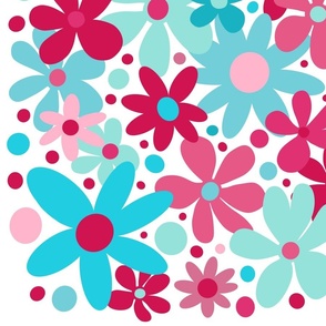 Abstract, funky, flowers in blues, pinks, and red with dots of blue, pink, and red on white background.