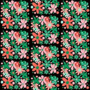 Abstract, funky,  green, coral, & pink flowers and dots on black background.