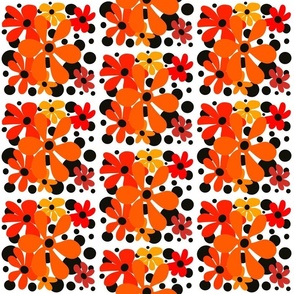 Abstract, funky, flowers in hues of orange with black dots on white background,