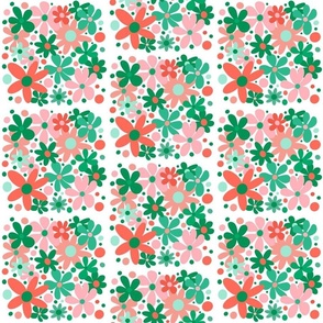 Abstract, funky, green, coral, peach, & pink flowers and dots on white background.