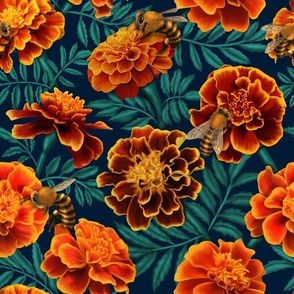 Marigold Mirage Marigolds and Honey Bees Pattern in Teal