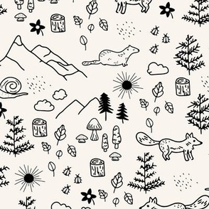 mountain animals doodle black and white