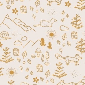 mountain animals doodle beige gold
