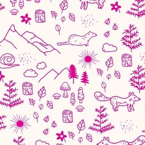 mountain animals doodle beige hot pink