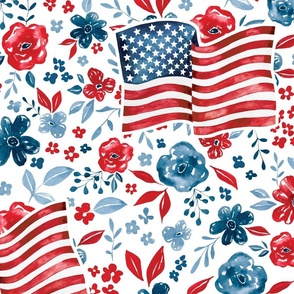 Patriotic Floral American Flag on White 24 inch