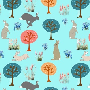 Bunnies in the forest in turquoise