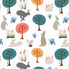 Bunnies in the forest on white
