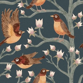 Robins in Magnolia Trees Chinoiserie ✤ Dark Blue Linen