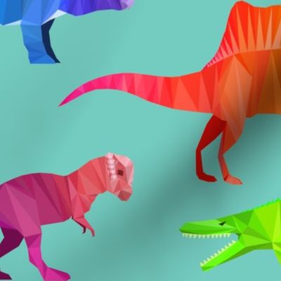 Prehistoric Parade Rainbow Geometric Dinosaur Pattern in Aqua