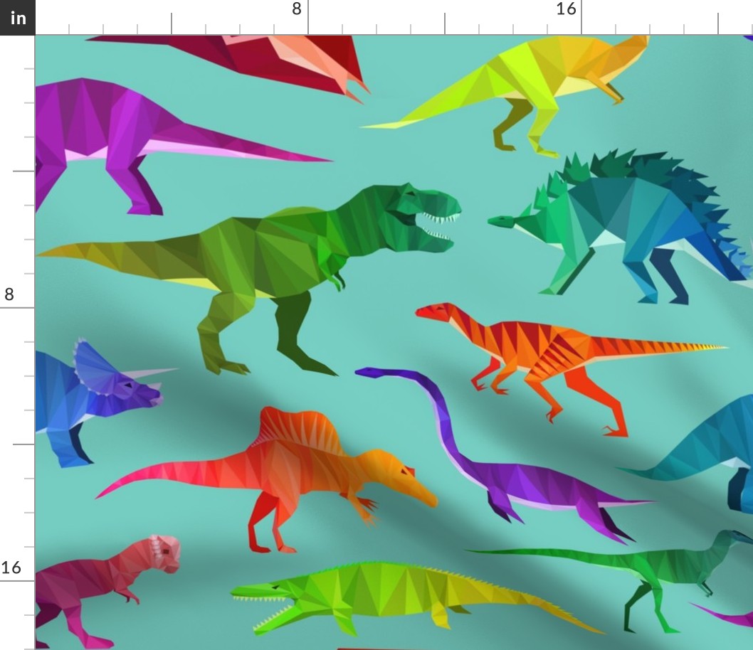Prehistoric Parade Rainbow Geometric Dinosaur Pattern in Aqua