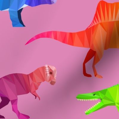 Prehistoric Parade Rainbow Geometric Dinosaur Pattern in Pink