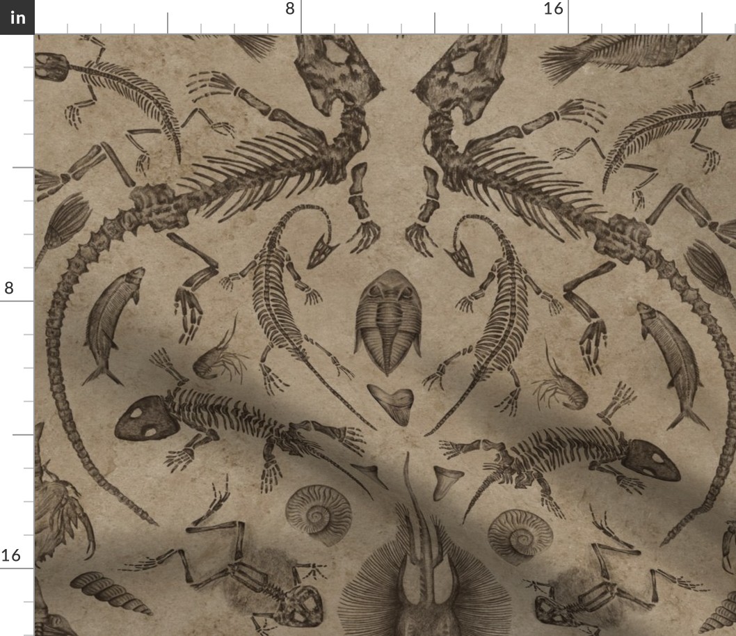 Prehistoric Fossil Illustrations Damask - Brown & Tan