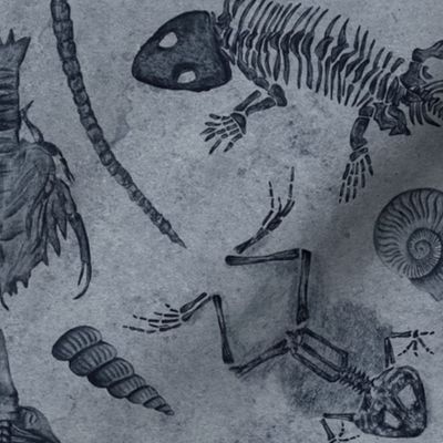 Prehistoric Fossil Illustrations Damask - Blue-Gray