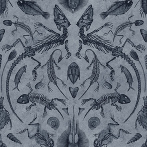 Prehistoric Fossil Illustrations Damask - Blue-Gray