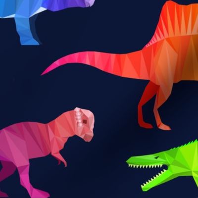 Prehistoric Parade Rainbow Geometric Dinosaur Pattern in Navy