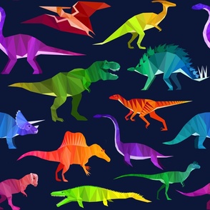 Prehistoric Parade Rainbow Geometric Dinosaur Pattern in Navy