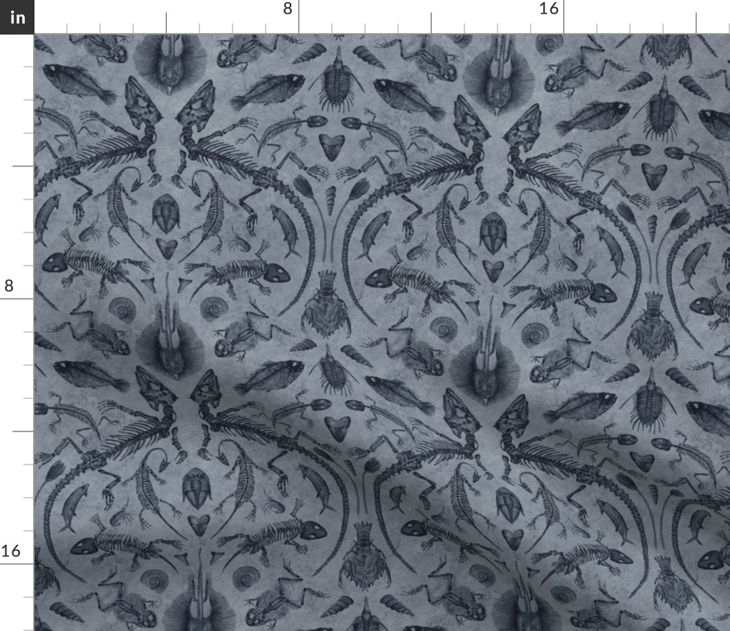 Small-Scale Prehistoric Fossil Illustrations Damask - Blue-Gray