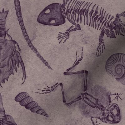 Prehistoric Fossil Illustrations Damask - Muted Purple