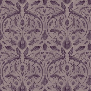 Small-Scale Prehistoric Fossil Illustrations Damask - Muted Purple