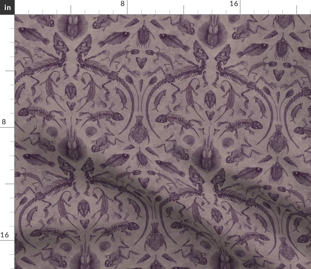 Small-Scale Prehistoric Fossil Illustrations Damask - Muted Purple