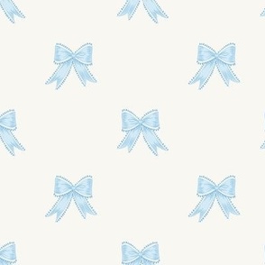 Small Pastel Blue Bow Ribbons on Benjamin Moore White Opulence Background
