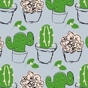 Cactus and flowers on blue background