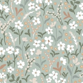 Ditsy floral in teal burnt orange beige and earth tone colors