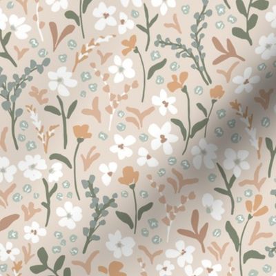 Ditsy floral in teal burnt orange beige and earth tone colors