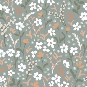 Ditsy floral in teal burnt orange beige and earth tone colors