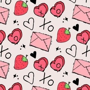 valentines day art with pink envelope, strawberries, hearts and XO design