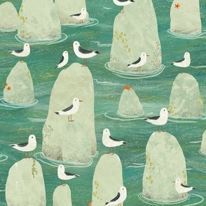 Seagulls on rocks - storm (medium)