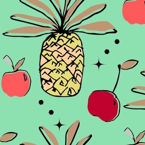 Pineapple, apple, cherri design on green background