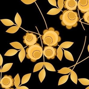 Yellow retro flowers on a black background