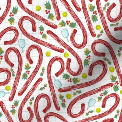  Pickleball Christmas Candy Canes and Holly Watercolor; SM SCALE, 2400, v08—holiday, paddle, ball, red, green, yellow, blue, sport, athlete, retired, net, dink, kitchen, serve, play, tournament, fan, table, tennis, merry, ping pong, tablecloth, gift, gift