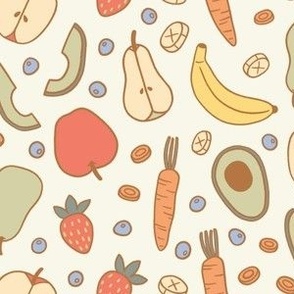 Small mixed fruits and veggies for babies and kids in boho retro colors