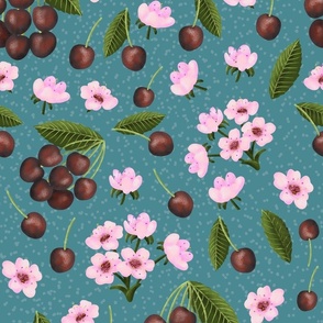 Cherries and Blossoms - Teal - Medium