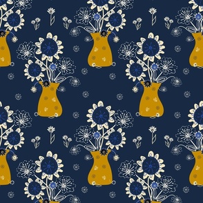 Dancing Daisies In A Vase - Luxe Blue And Gold.