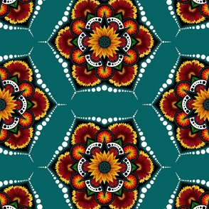 Sunflower and Daisy Mandala Pattern in Teal