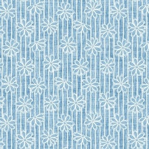 Scattered White Flowers and Sketchy Stripes on Light Aegean Blue Woven Texture