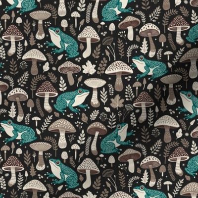Mushrooms & Frogs, Toads & Toadstools, dark and moody forest floor autumn fall pattern. 10.5 inch repeat in black, green, brown, taupe, beige