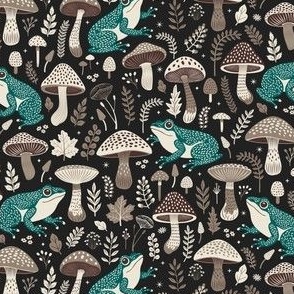 Mushrooms & Frogs, Toads & Toadstools, dark and moody forest floor autumn fall pattern. 10.5 inch repeat in black, green, brown, taupe, beige