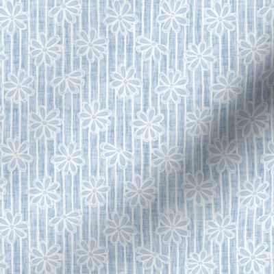 Scattered White Flowers and Sketchy Stripes on Fog Blue Woven Texture