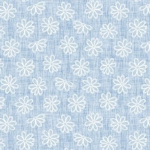 Scattered White Flowers on Fog Blue Woven Texture