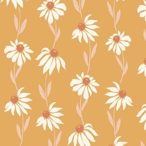 Falling daisy coneflower stripe in mustard sunshine yellow, cream and terracotta