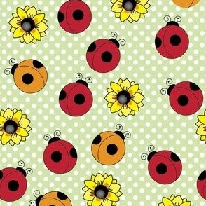 Red  and Orange Ladybugs and Yellow sunflowers 