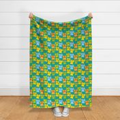 Cute Cartoon funny frog  yellow green blue orange on turquoise background