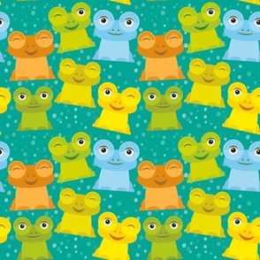 Cute Cartoon funny frog  yellow green blue orange on turquoise background